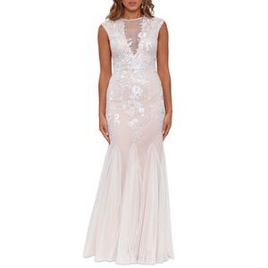 Betsy & Adam Cream and White Floral Mesh Overlay Lace Prom or Wedding Dress